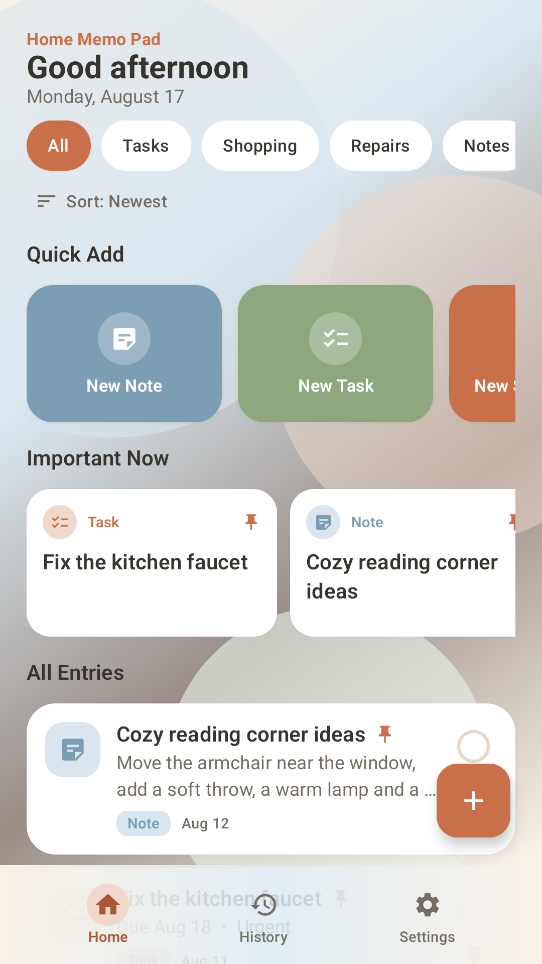 Home Memo Pad screen
